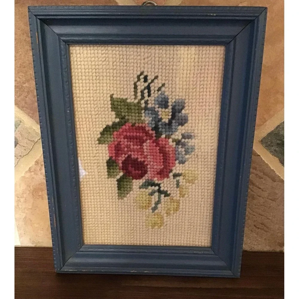 Vintage Needlepoint Floral Wall Art Pink Rose Blue Wood Frame Cottagecore 8x6